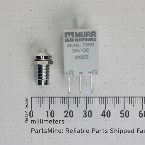 Murrelektronik 71801 24V DC LED indicator module and panel-mount lens beside a millimeter ruler.