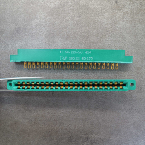 Top and side view of TRW 250-22-30-170 edge card connectors.