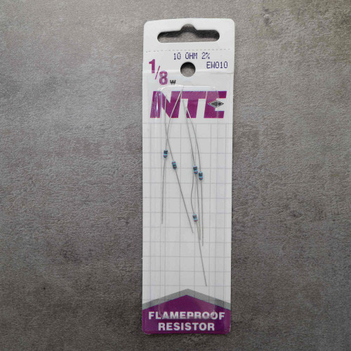 Front view of retail card pack of five NTE EW010 1/8W 10-ohm resistors.