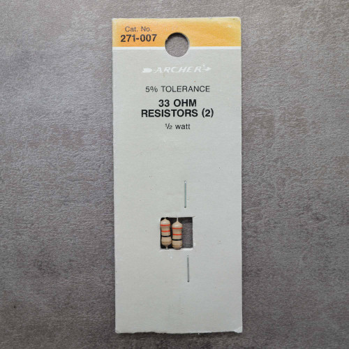 Packaging card front for Archer 271-007 33 Ohm 1/2 watt resistors.