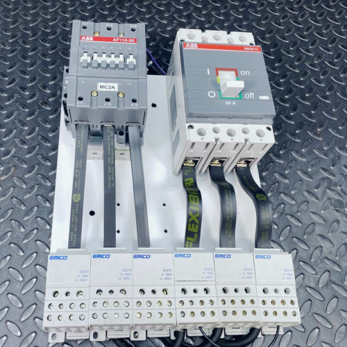 Full view of ABB AF110-30 contactor assembly with SACE S3 breaker and Erico distribution blocks on mounting plate.