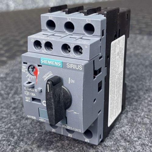 Front view of Siemens 3RV2011-1JA10 SIRIUS motor starter circuit breaker.