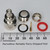 Six-piece connector kit laid out: nickel-plated body ~35mm tall, threaded coupling nut with black O-ring seat, retaining ring, black O-ring, gold-plated center pin, and red gasket ring.