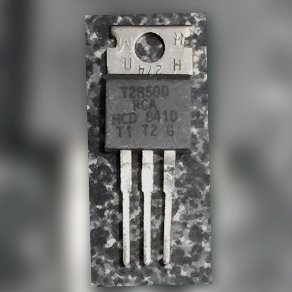 RCA T2850D triac in a TO-220 body, marked T1 T2 G, tab left and leads right