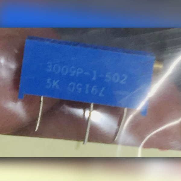 Blue 3009P-1-502 trimmer marked 5K with three pins and a gold-colored end adjust screw