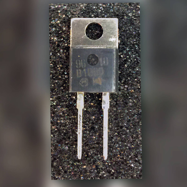 TO-220AC Schottky rectifier body marked B1060 with circular maker's logo, two leads