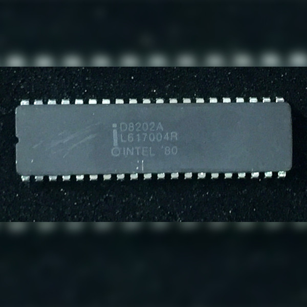 Intel D8202A grey ceramic 40-pin DIP on a dark speckled surface, marking upright, notch left