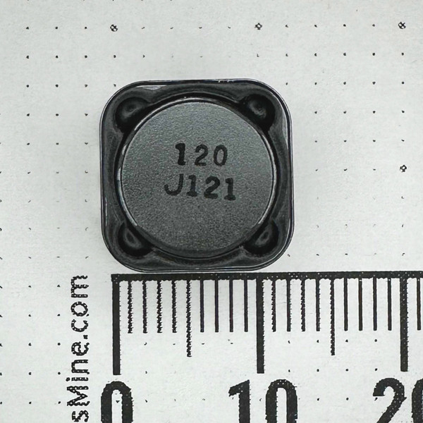 Square SMD power inductor seen from the top, grey face stamped 120 inside a black rim
