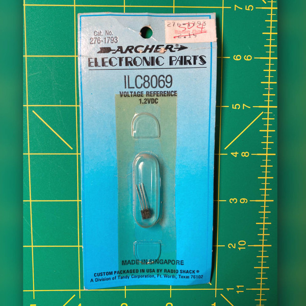 Sealed Archer 276-1793 blister card front, ILC8069 1.2V voltage reference, shown on ruler mat