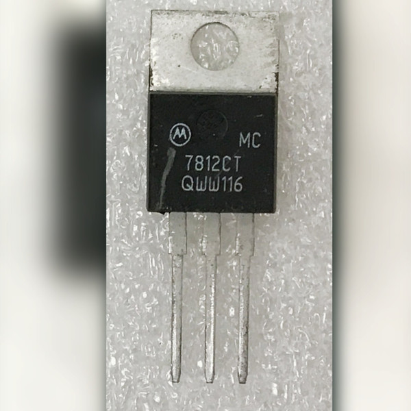 Motorola logo with MC 7812CT QWW116 on black TO-220 body, leads straight.