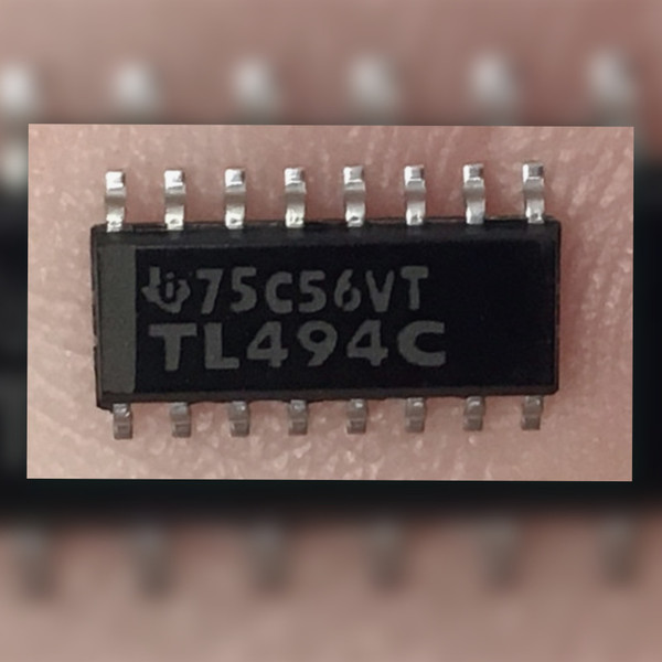 Texas Instruments TL494C surface-mount integrated circuit showing top markings and pins.