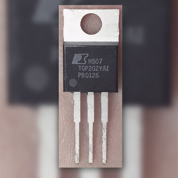 Power Integrations TOP202YAI off-line PWM switcher in a TO-220-3 package showing part markings and three leads.