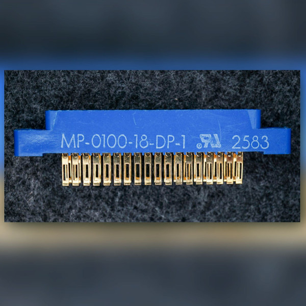 Methode Electronics MP-0100-18-DP-1 card edge connector, side view showing markings and solder terminals.