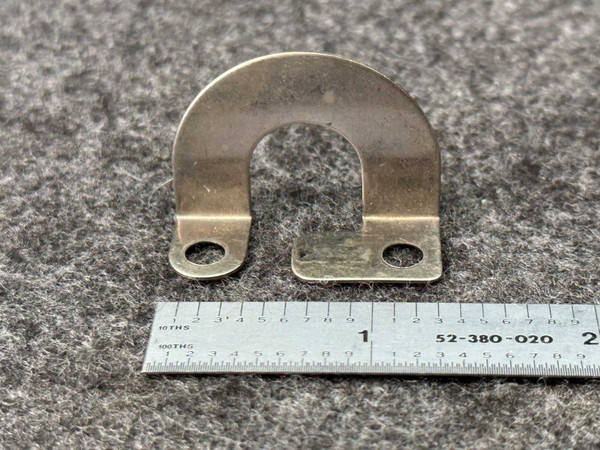 Federal Pacific F22.5 Thermal Overload Heater Element, a Ushaped metallic electrical component with a silver finish, featuring two flat mounting ends each with a circular hole, precisely measured against an inch ruler on a grey textured background, ideal as a replacement or industrial control panel part for circuit protection.