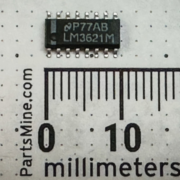 Black SOIC-16 chip marked P77AB LM3621M beside a millimeter ruler scale