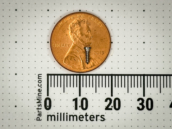 Single #0 stainless micro screw standing on a Lincoln penny above PartsMine millimeter ruler