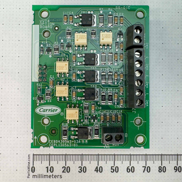 A close-up of the Carrier VVT Zone Controller Option Board, part number 33ZCOPTBRD-01 from PartsMine.com. The board features various electronic components and connectors.