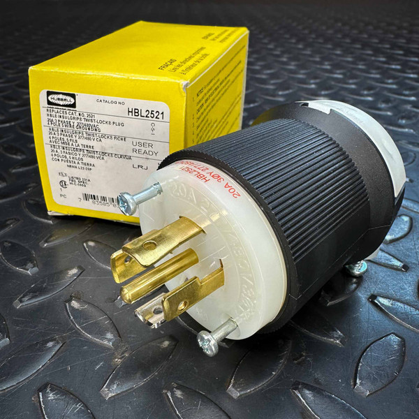 Hubbell HBL2521 Twist-Lock Plug 20A 277/480V 4P 5W Insulgrip from PartsMine.com shown in front of its yellow retail box, both placed on a textured black metal surface.