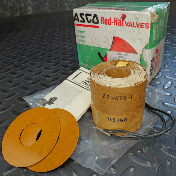 ASCO 274-73-1 115V Replacement Solenoid Coil from PartsMine.com, shown with original box labeled “ASCO Red-Hat Valves,” paper instructions, round coil with attached wires, and two flat brown insulating discs.