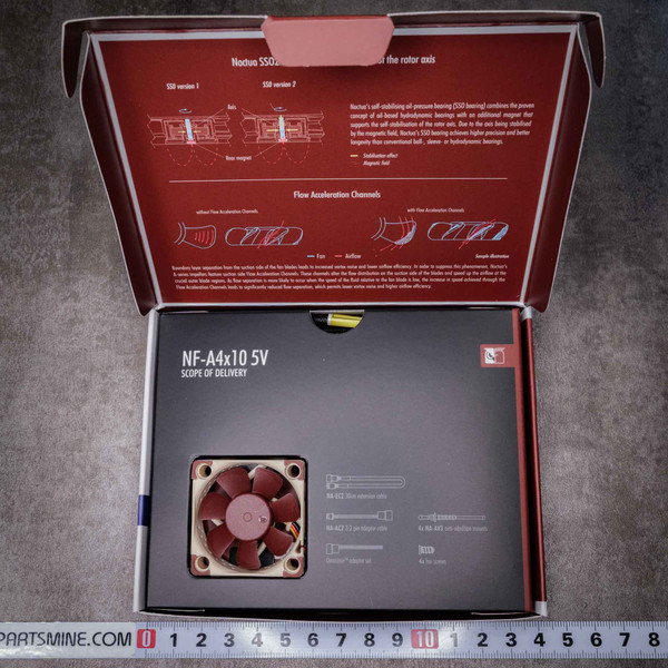 Noctua NF-A4x10 5V fan in open box showing new condition and included accessories.