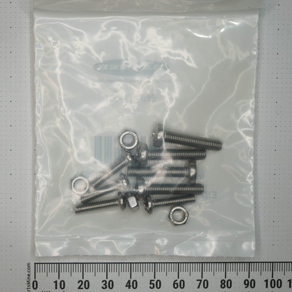 Hardware pack in sealed clear plastic bag showing various stainless steel screws and nuts, no visible wear or damage.