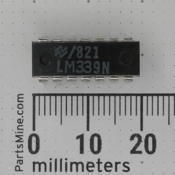 National Semiconductor LM339N IC showing logo, text "LM339N" and "821" date code, pin 1 dot, clean body, and straight leads.
