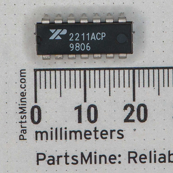 Date code 9806, all 14 pins straight and clean, pin-1 dot visible. Approximately 19mm body length.