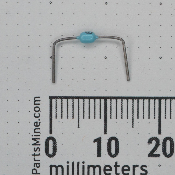 Blue body body spans ~4mm; leads bent downward, tips ~18mm apart. Marking reads "47 J5A." Leads unsoldered, body pristine.