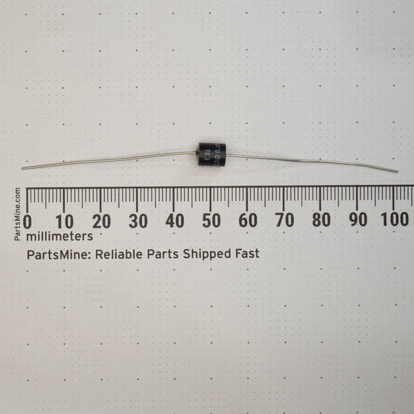 Black epoxy axial body approximately 7-8 mm long; partial markings visible including E3 and 0.1 on the body; leads span roughly 100 mm total.