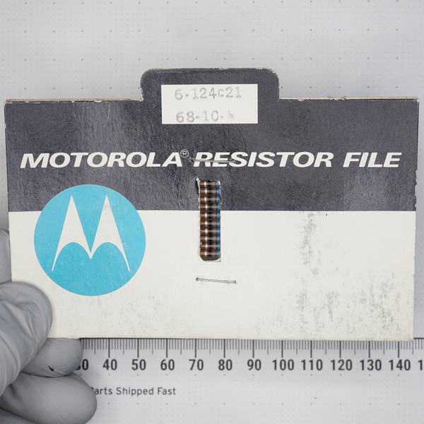 Motorola Resistor File card with codes 6-124c21 and 68-10-A on tab label; axial-lead resistors visible through window slot.