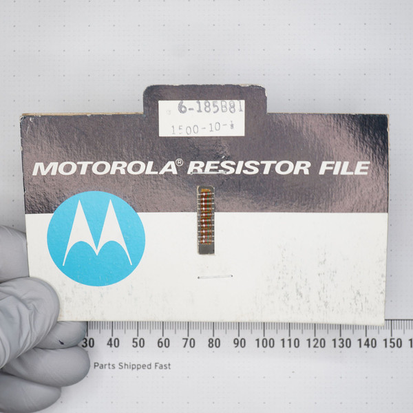 Motorola Resistor File card with label codes 6-185B81 and 1500-10-. Ten banded resistors visible in center slot; lower card shows minor scuffing.