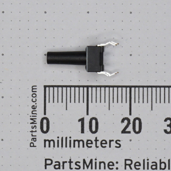 Black nylon switch stem with 4 silver-plated through-hole pins; body spans approximately 6mm on ruler. No markings visible on body.