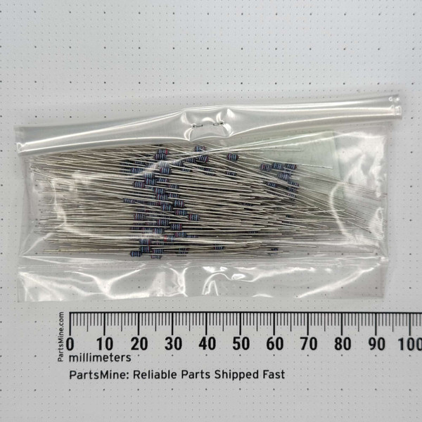 Axial-lead resistors with blue bodies and color bands, long tinned leads; group spans approximately 65mm per ruler.