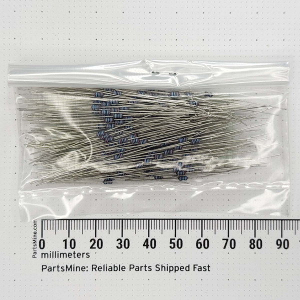 Axial-lead metal film resistors with blue bodies and multi-band color coding; long tinned leads visible. Ruler shows body length approx 3–4mm.
