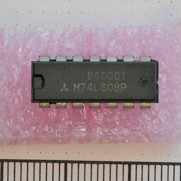 Top view of Mitsubishi M74LS08P 14-pin DIP IC.