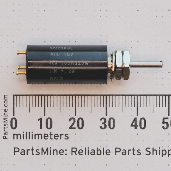 Spectrol 162-11104 potentiometer with mounting hardware and turret terminals on a millimeter scale.