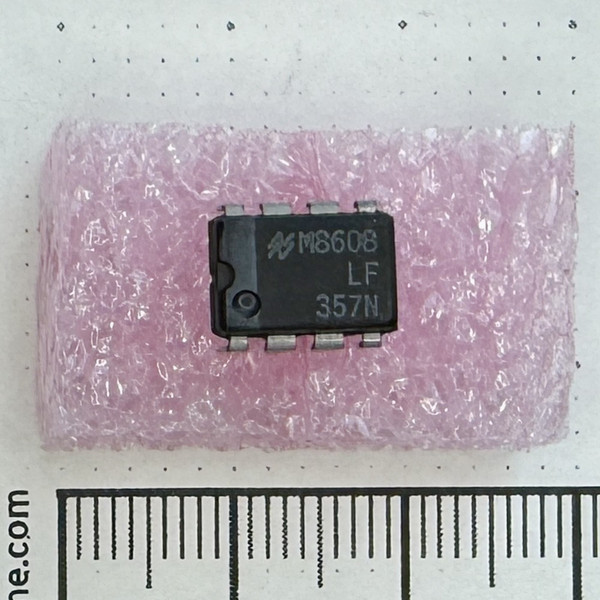National Semiconductor LF357N DIP-8 integrated circuit on pink foam.