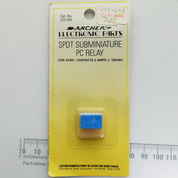 Front view of Archer 275-243 subminiature PC relay in original packaging.