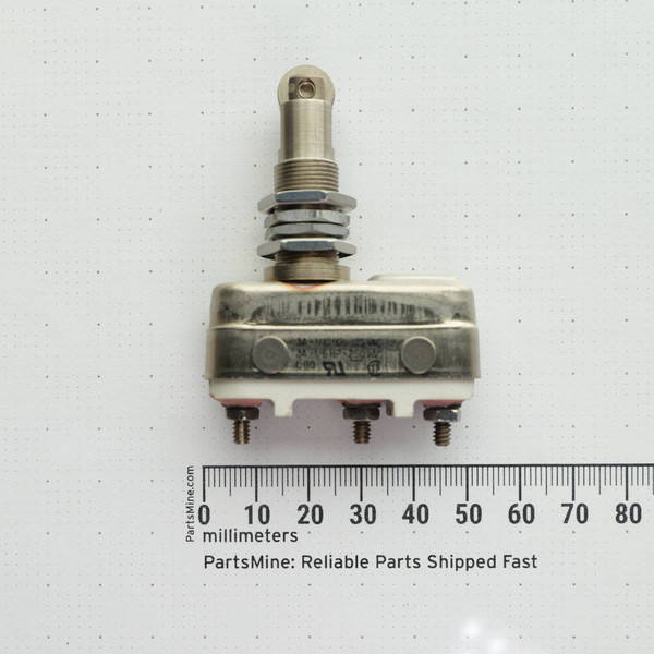 Side view of Honeywell 3HT1-8414 roller plunger micro switch with scale ruler.