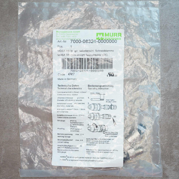 Original labeled packaging for Murr Elektronik 7000-08321-0000000 M8 field-wireable connector.