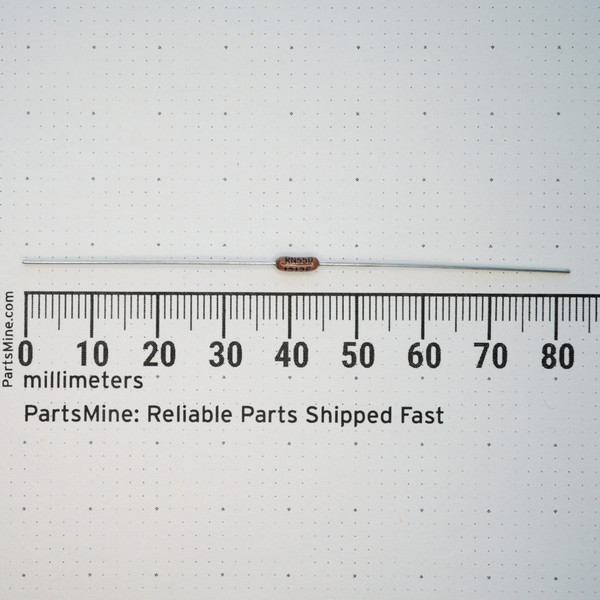 Vishay Dale RN55D1212F axial resistor shown against a millimeter ruler.