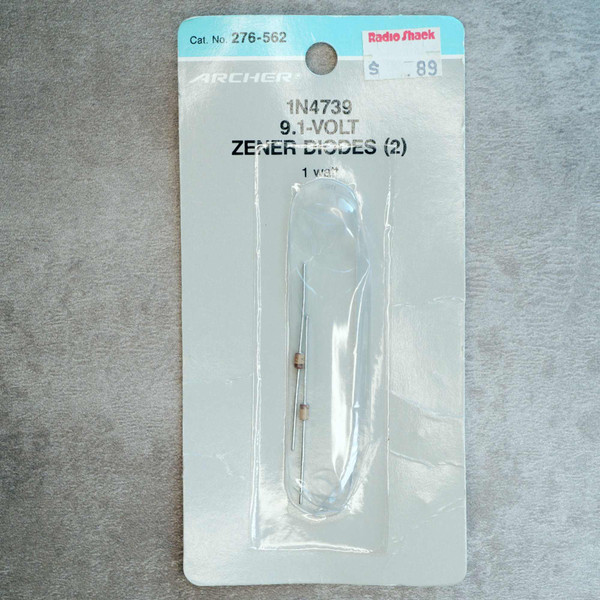 Front view of Archer Radio Shack 276-562 blister pack with two 1N4739 9.1V Zener diodes.