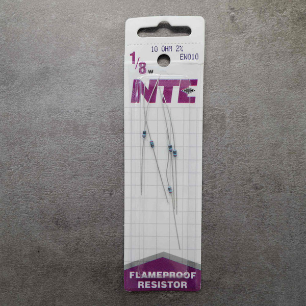 Front view of retail card pack of five NTE EW010 1/8W 10-ohm resistors.