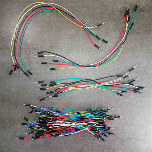 Four length groupings of Parts Mine JUMPER-WIRE-75PCS male-to-male breadboard jumper wires.