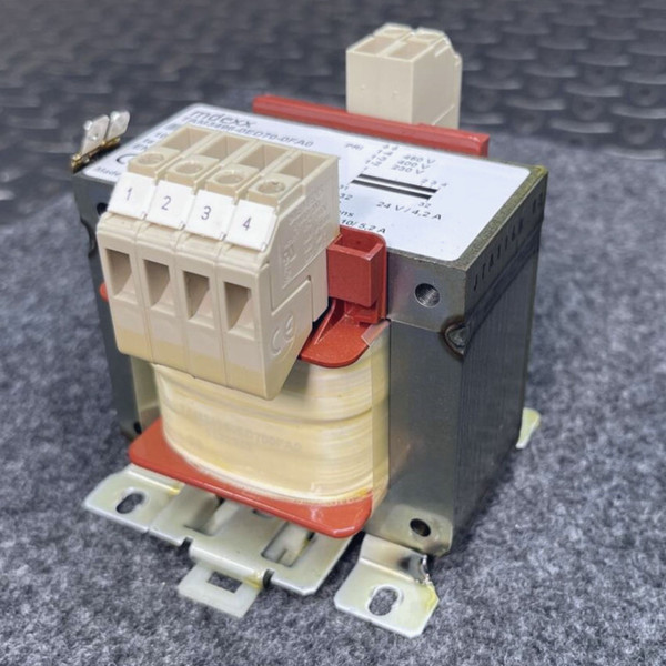 Front oblique view of mdexx TAM3496-0ED70-0FA0 transformer showing terminal block labeled 1 to 4.
