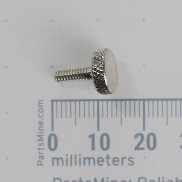 PartsMine 4-40 x 3/8 x 3/8 stainless knurled thumb screw resting horizontally next to a millimeter scale.