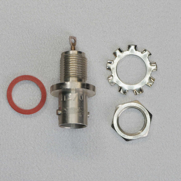 Amphenol UG-912/U bulkhead connector shown disassembled with red gasket, star lock washer, and hex nut.