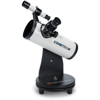 Celestron Cometron Firstscope is a table top style Newtonian reflector that comes with 2 eyepieces, and a finderscope to get you started!  The basic mount swivels up/down-left/right and gives nice wide views of the sky.  You can start by observing the Moon, and clusters of stars in the Milky Way, as well as constellations, and the Planets.  Great for beginners, great for kids, great for grab and go!