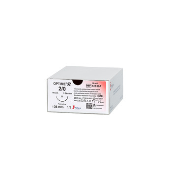 Product Peters Surgical OPTIME R, Polyglycolic Acid, 90cm, Undyed, 1 (4 Dec), 40mm Needle, 1/2C, Taper Cutting | 12S40B Image
