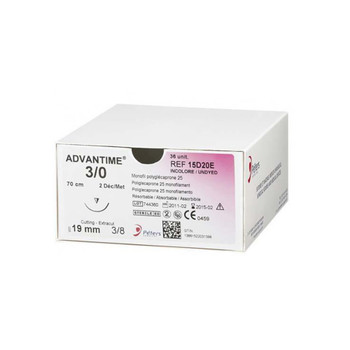 Product Peters Surgical ADVANTIME, Poliglecaprone 25, 70cm Long, Undyed, 3/0 (2 Dec), 19mm Needle, 3/8c, XT-Cutting | 15D20E Image